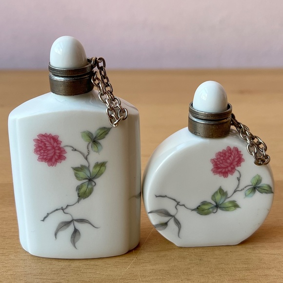 ANTIQUE VINTAGE LIMOGES FRANCE PORCELAIN PERFUME BOTTLES PINK PEONIES FLOWER 2PC - Picture 2 of 16